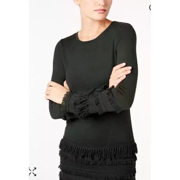 NWT $328 Trina Turk Charcoal Fringe Sass Merino Wool Dress Size Large Lined - Picture 3 of 13